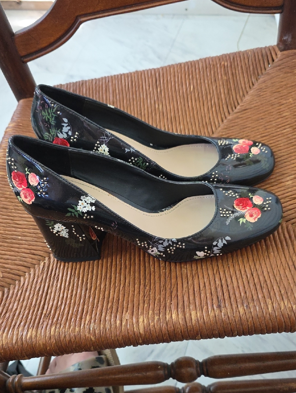 Zara Black Floral Block Heel Pumps